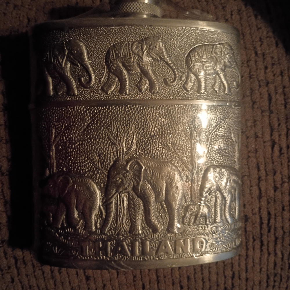 Vintage Kajit Pewter Thailand Flask - Embossed Elephant & Floating Market - New